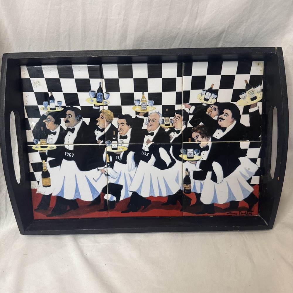 VTG French Wine Waiters Serving Tray Ceramic Tiles Mackenzie Childs Style Black